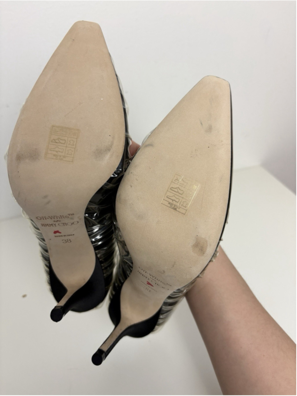 Jimmy Choo x Off-White Anne 100 Pumps Black PVC Ruched Pointed Toe Heel 38 NEW - Picture 11 of 14